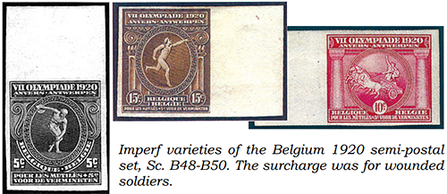 Imperf varieties of the Belgium 1920 semi-postal
set, Sc. B48-B50.