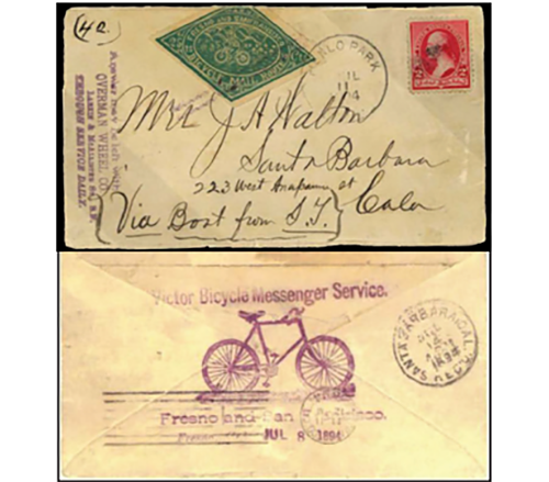 . . . Santa Barbara cover carried on July 8, 1894
Northern trip with Bicycle Mail 25¢ . . .