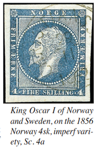 King Oscar I of Norway and Sweden, on the 1856 Norway 4sk