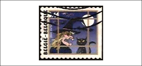 Belgium witch, black cat and moon Postage Stamp