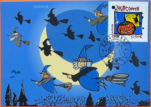 French Halloween Witches Postcard with French Halloween Stamp