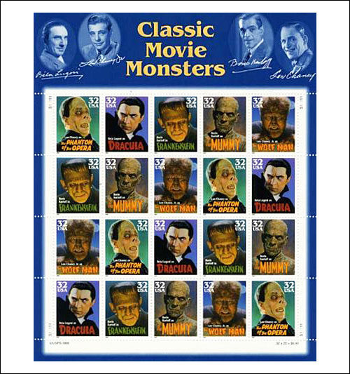 USA Classic Movie Monsters Postage Stamps, Wolfman, Phantom of the Opera, Dracula, Frankenstein, Dracula, and the Mummy
